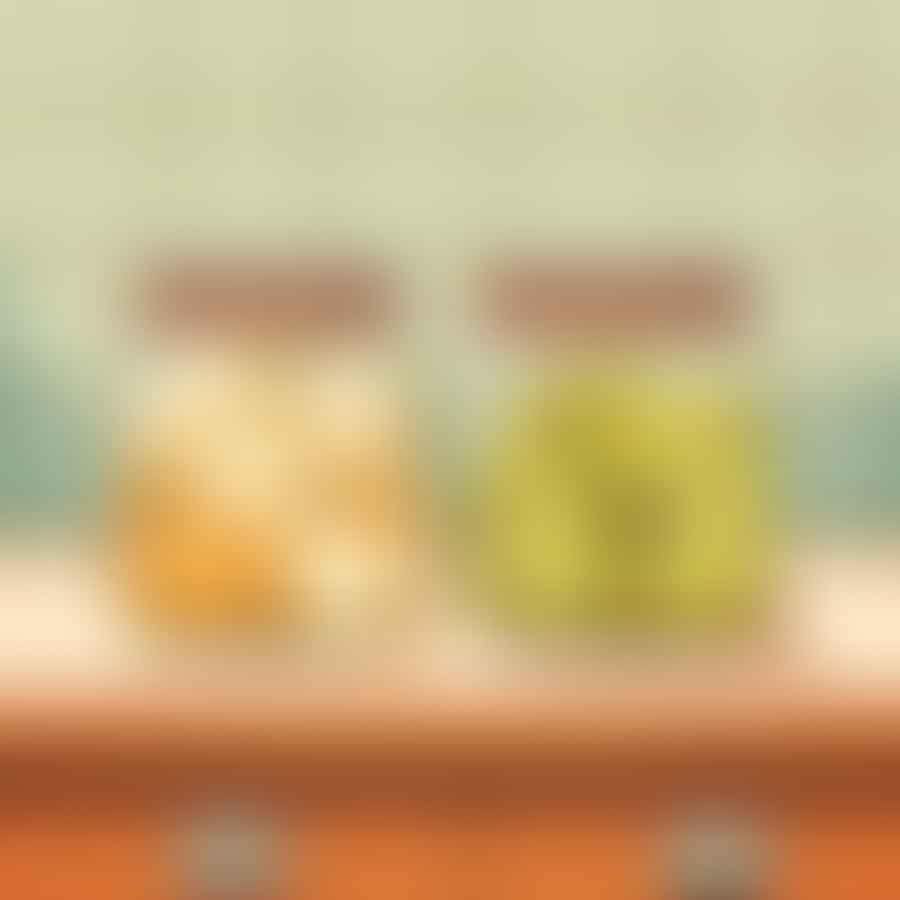 Sealed jars of pickled pears cooling on a kitchen counter